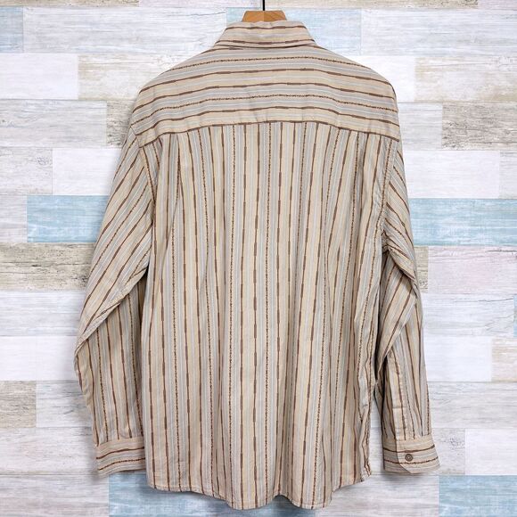 AIGLE Embroidered Striped Button Front Shirt Beige Brown Lightweight Mens Large - Picture 4 of 6